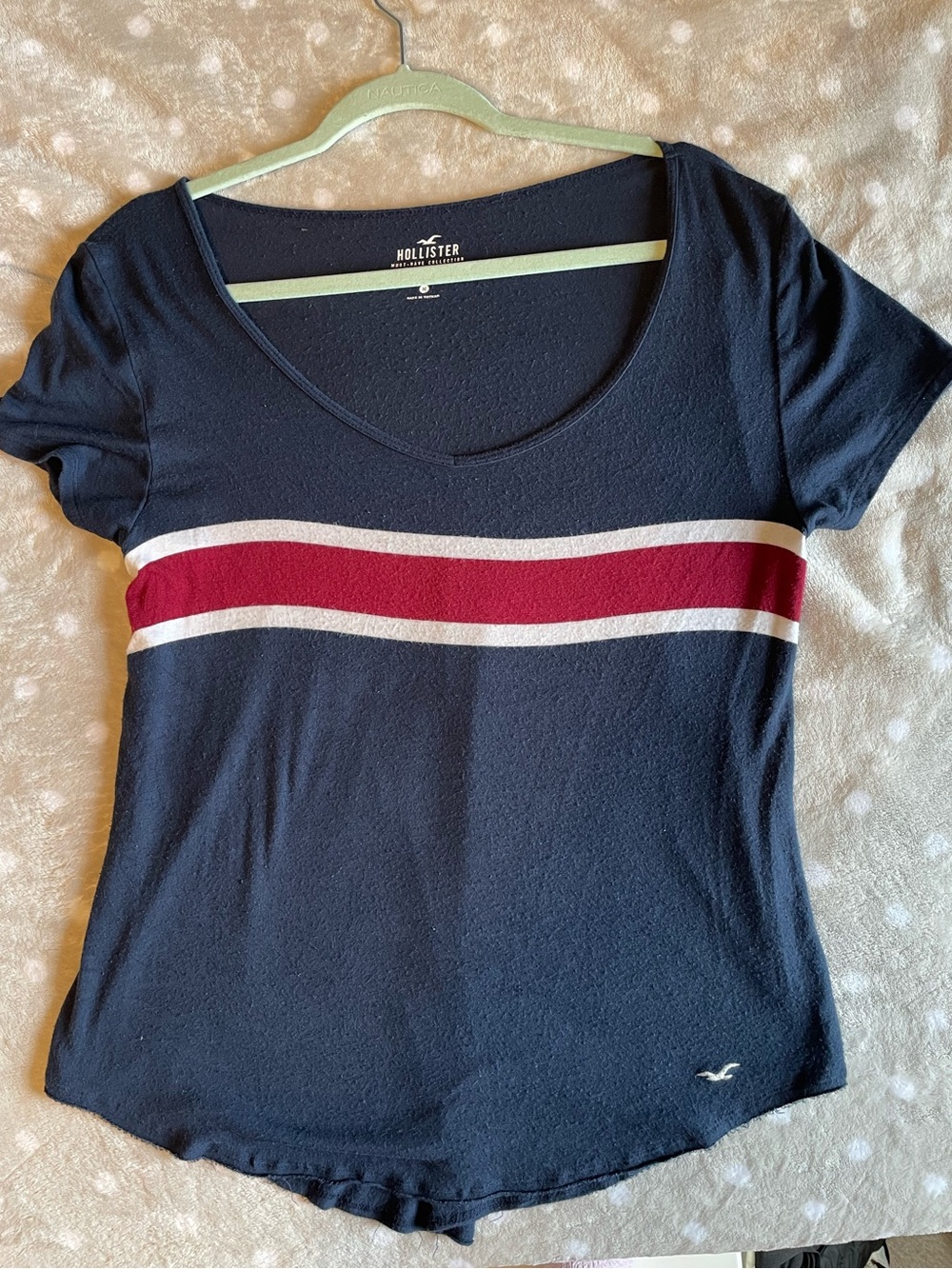 Hollister Navy Short Sleeve Scoop Neck Tee with Red and White Chest Stripe